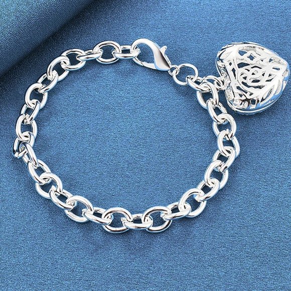 Hollowed & Carved Heart Pendant Bracelet Stamped .925 Solid Sterling Silver - Picture 2 of 6